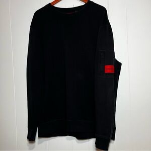 HUGO Boss Black Crewneck Sweatshirt Red Logo Patch Mens XXL Streetwear Cotton